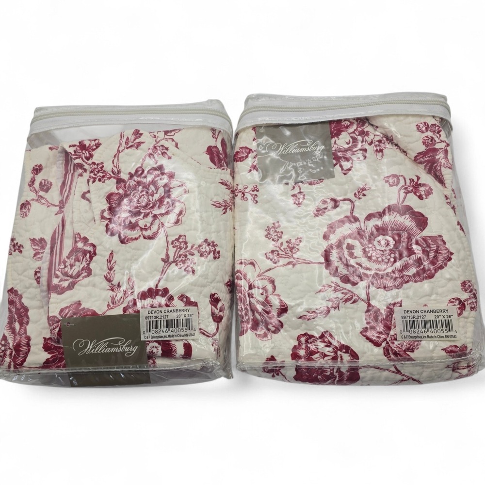Williamsburg Devon Cranberry Floral Toile Pillow Shams Set 2 Standard 20x26 NWT - Picture 8 of 8